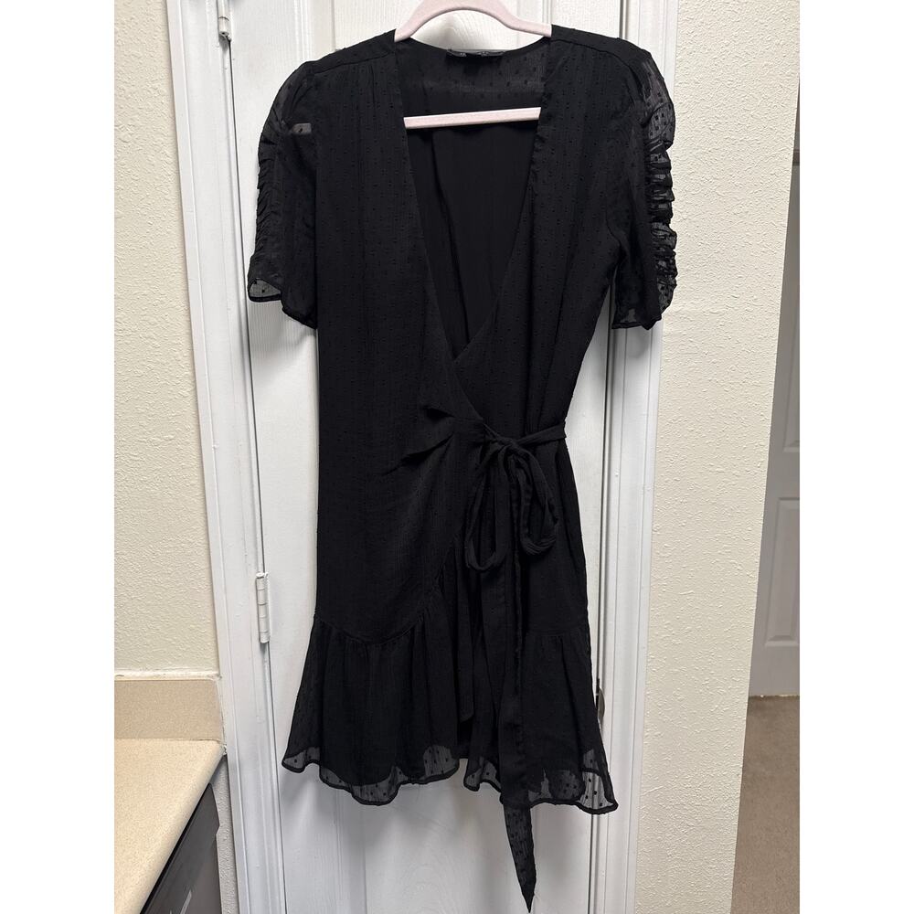 AllSaints Sienna Clip Swiss Dot Ruffle Wrap Dress Black Whimsigoth Size Small - Picture 2 of 8